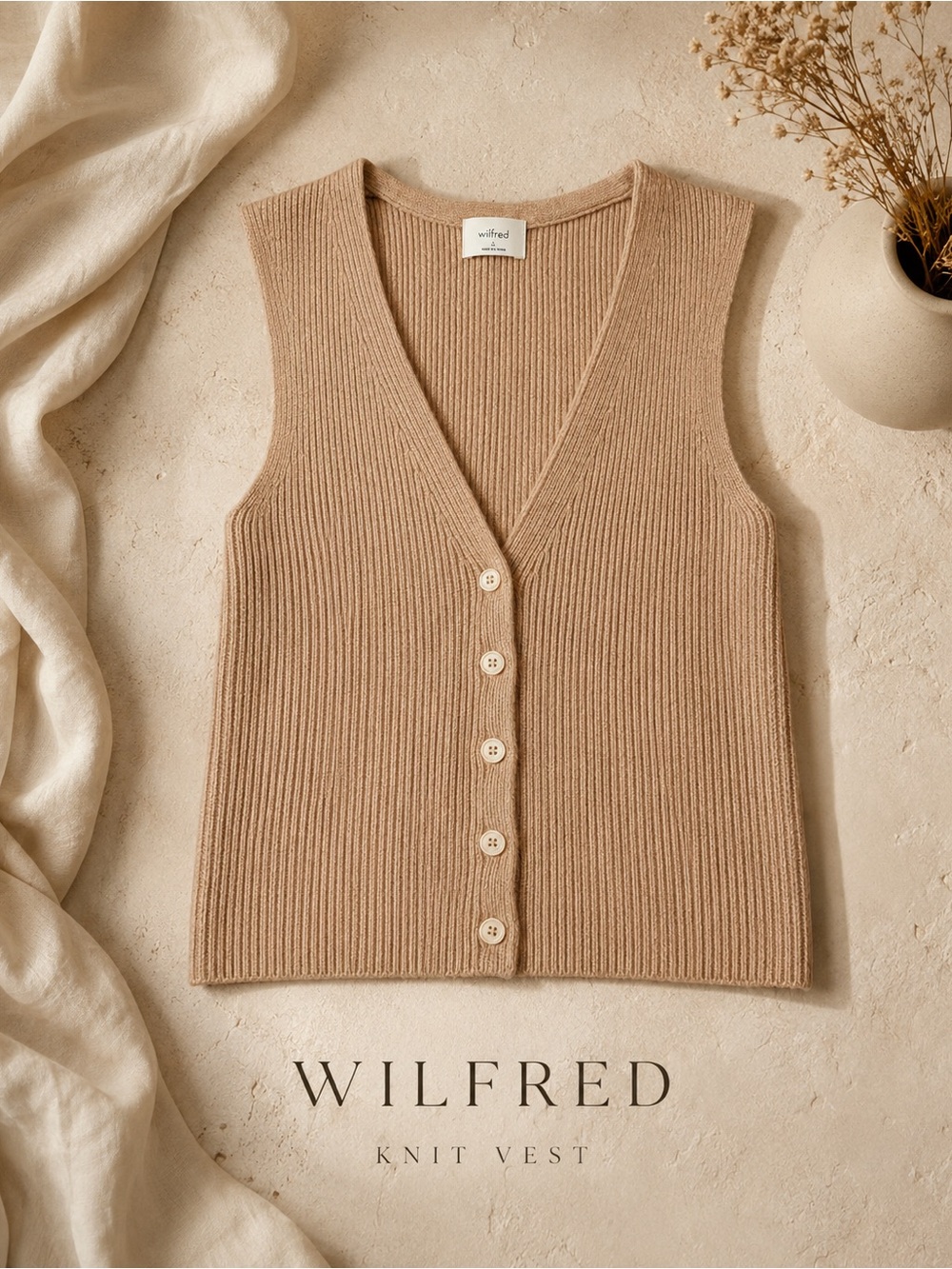 Wilfred Ribbed V-Neck Button Front Vest in Beige